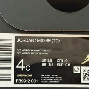 Jordan 1 Mid SE (TD) Off Noir Black White Toddler Shoes - Size 4C